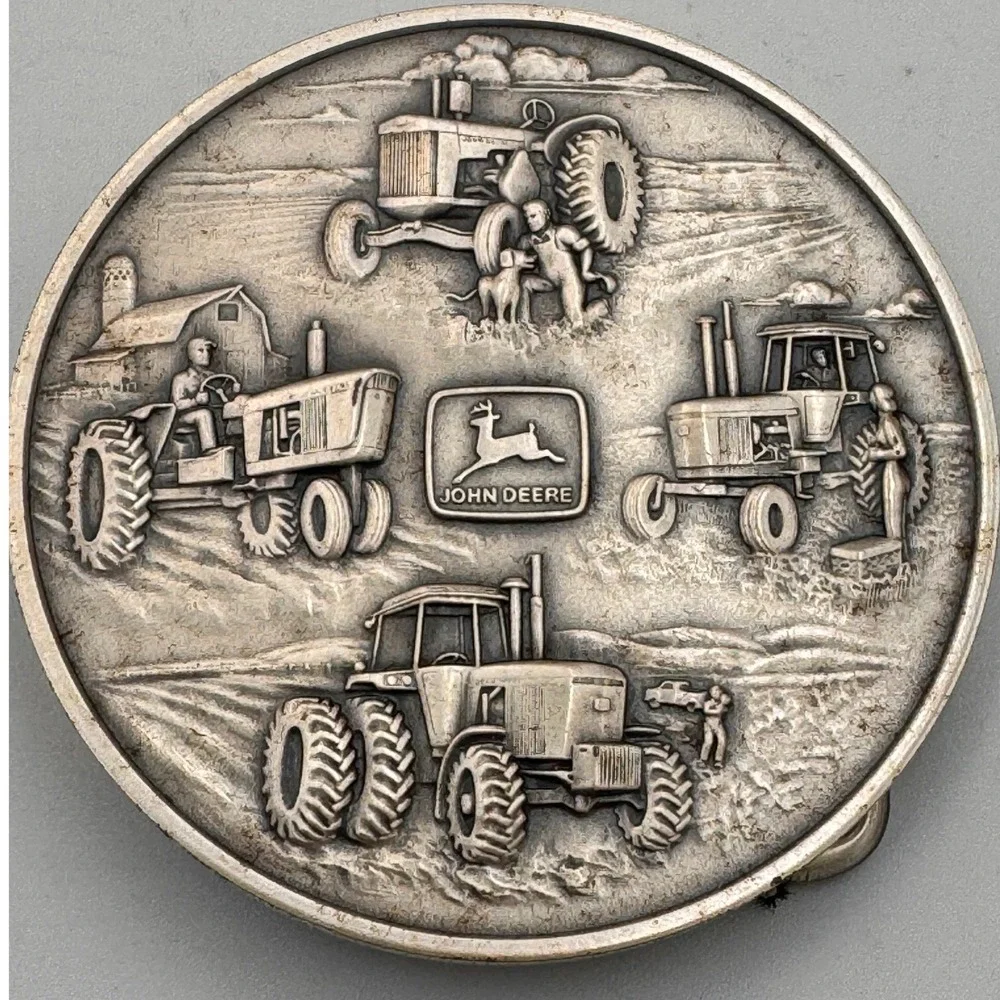 Vintage 1982 John Deere MACO Bronze .999 Silver Plate Tractor Belt Buckle Round